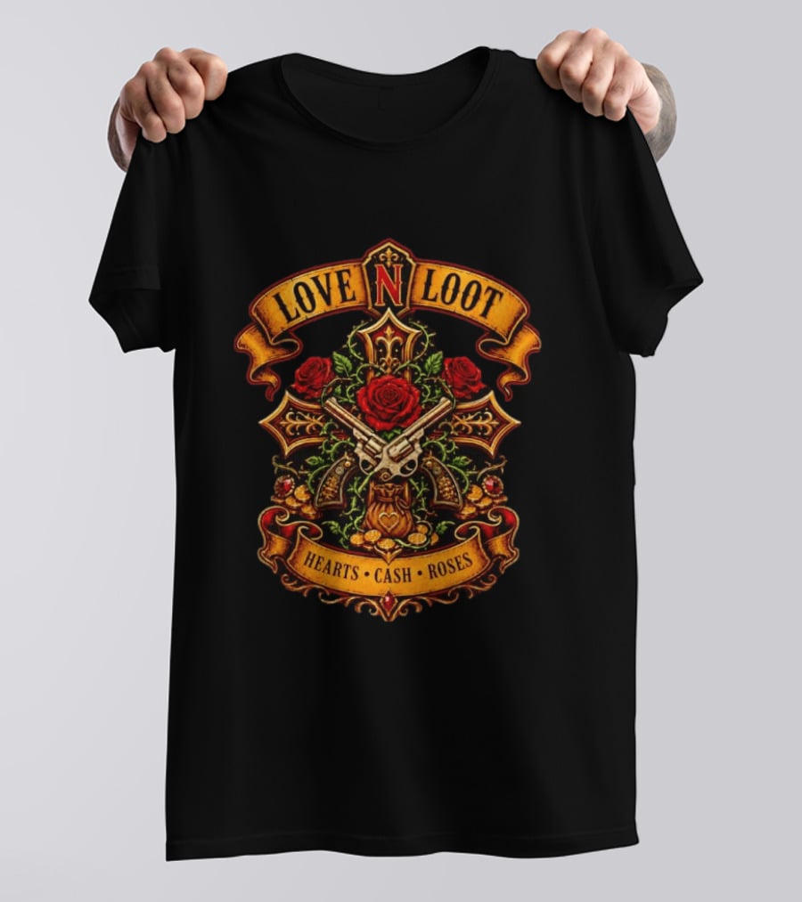 Love N Loot Hearts Cash Roses Guns And Flowers Cross Emblems T-Shirt