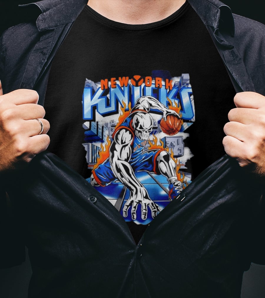 New York Knicks NBA Basketball Skull Player And City Flames T-Shirt