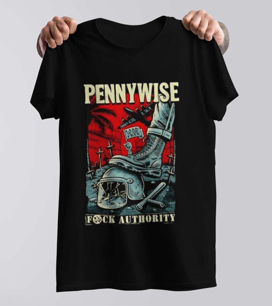 Pennywise Fock Authority Land Of The Free Forever Dystopian Punk Imagery With Boot And Helmet T-Shirt