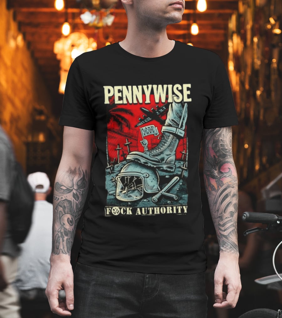 Pennywise Fock Authority Land Of The Free Forever Dystopian Punk Imagery With Boot And Helmet T-Shirt