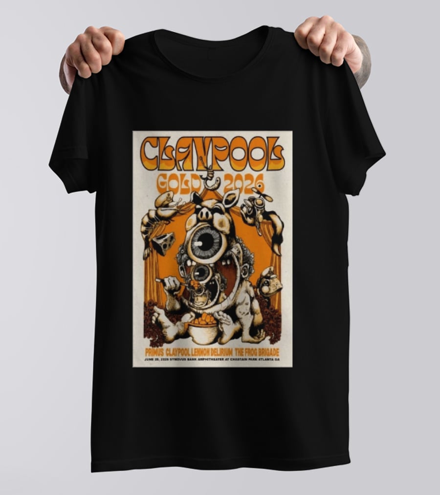 Les Claypool Gold 2026 Primus Delirium Frog Brigade June 20 Synovus Bank Amphitheater Atlanta T-Shirt