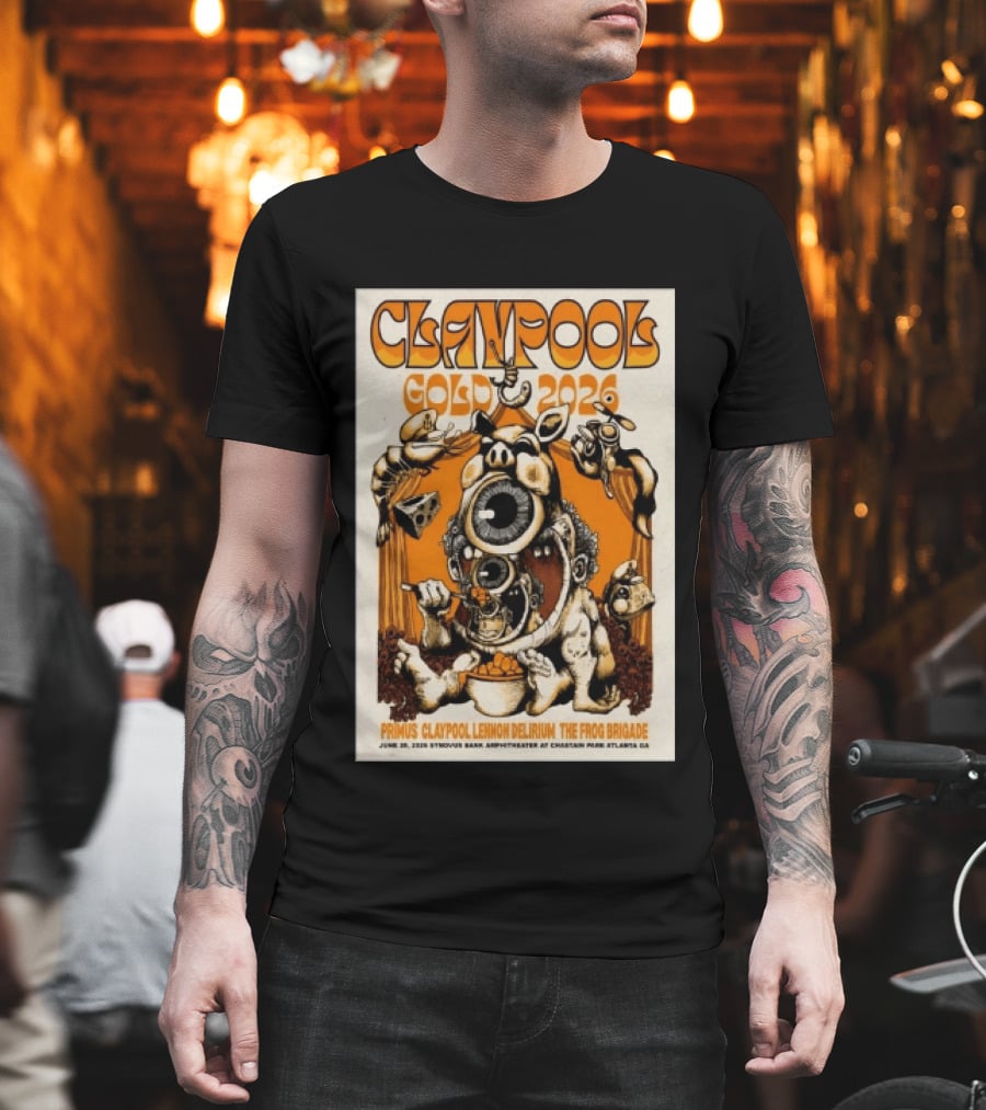 Les Claypool Gold 2026 Primus Delirium Frog Brigade June 20 Synovus Bank Amphitheater Atlanta T-Shirt