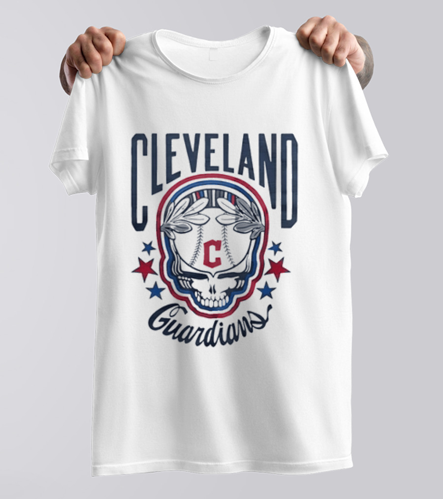 Cleveland Guardians Skull Baseball Laurel Wreath Stars T-Shirt