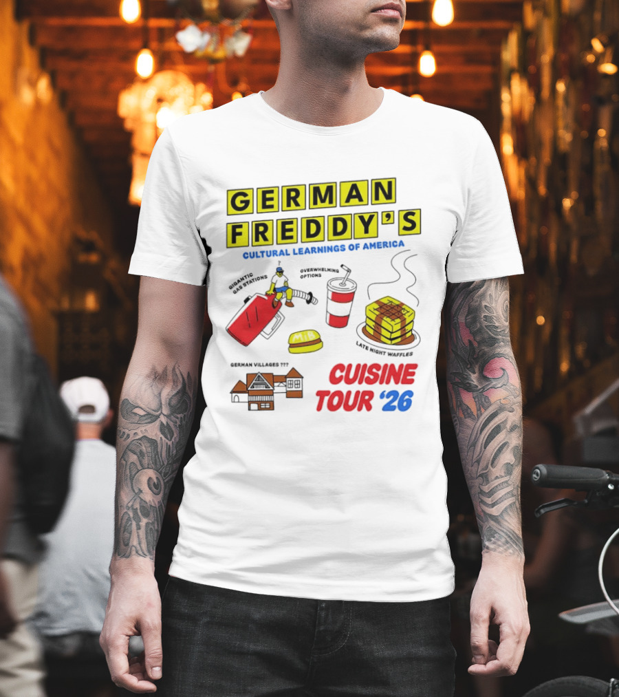 German Freddy's Cultural Learnings Of America Cuisine Tour '26 Village Fest Waffle Burger Soda T-Shirt