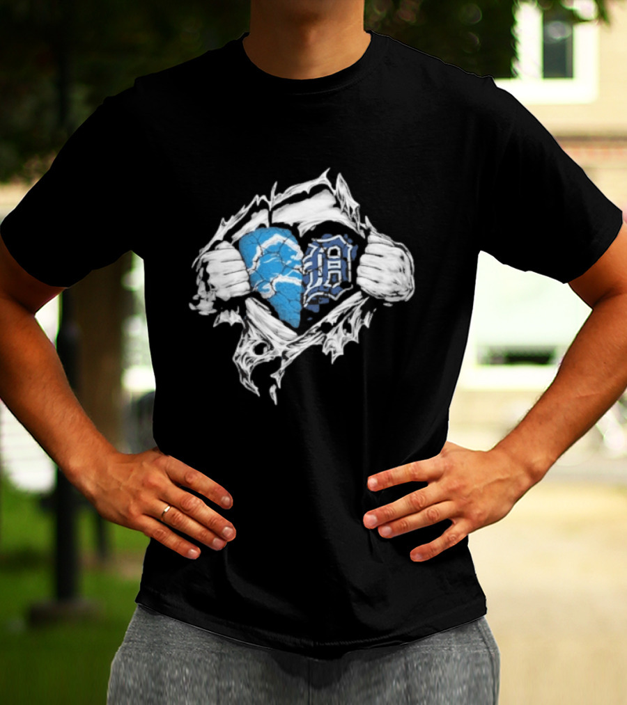 Detroit Lions Tigers Heart Ripped Design Collaboration Sports Fandom T-Shirt