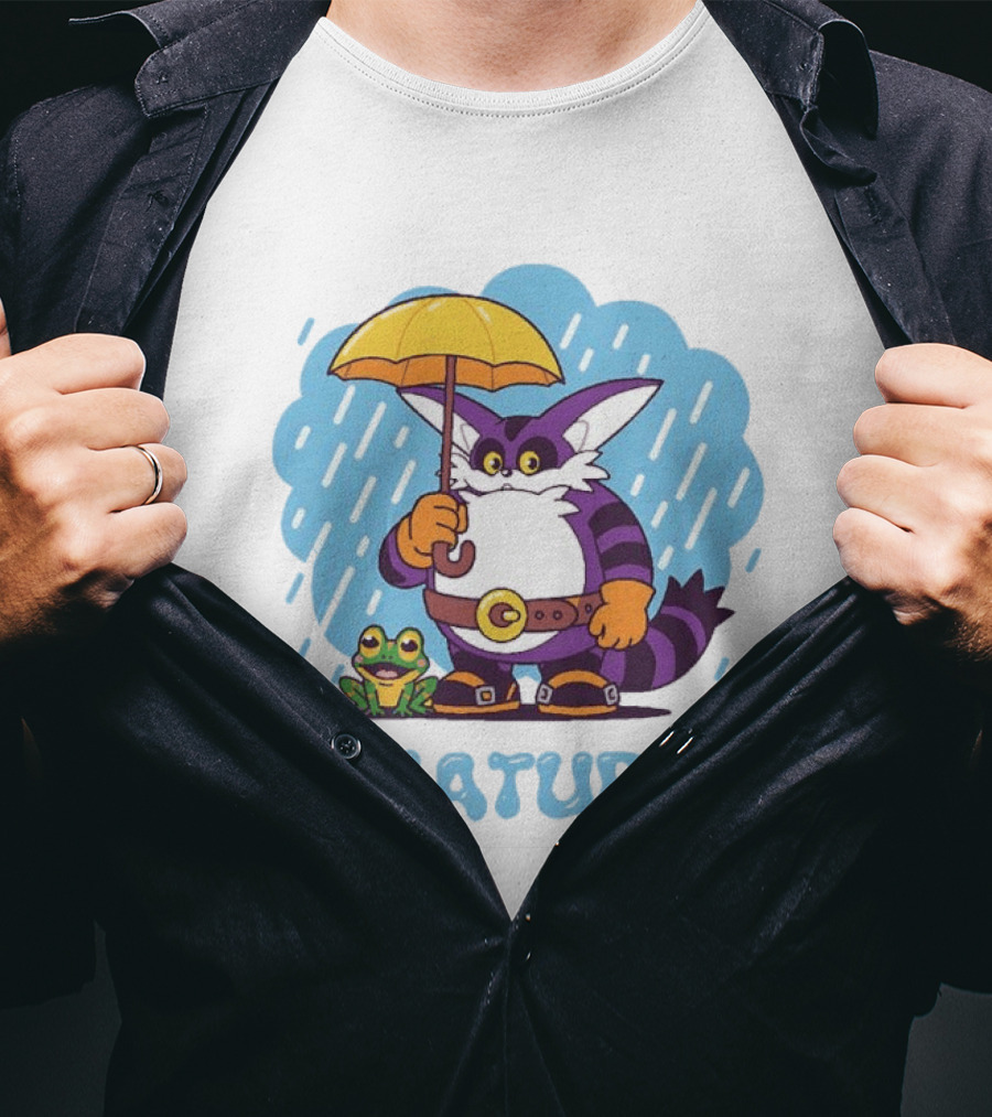 Big The Cat Froggy Nature Holding Umbrella In Rain T-Shirt