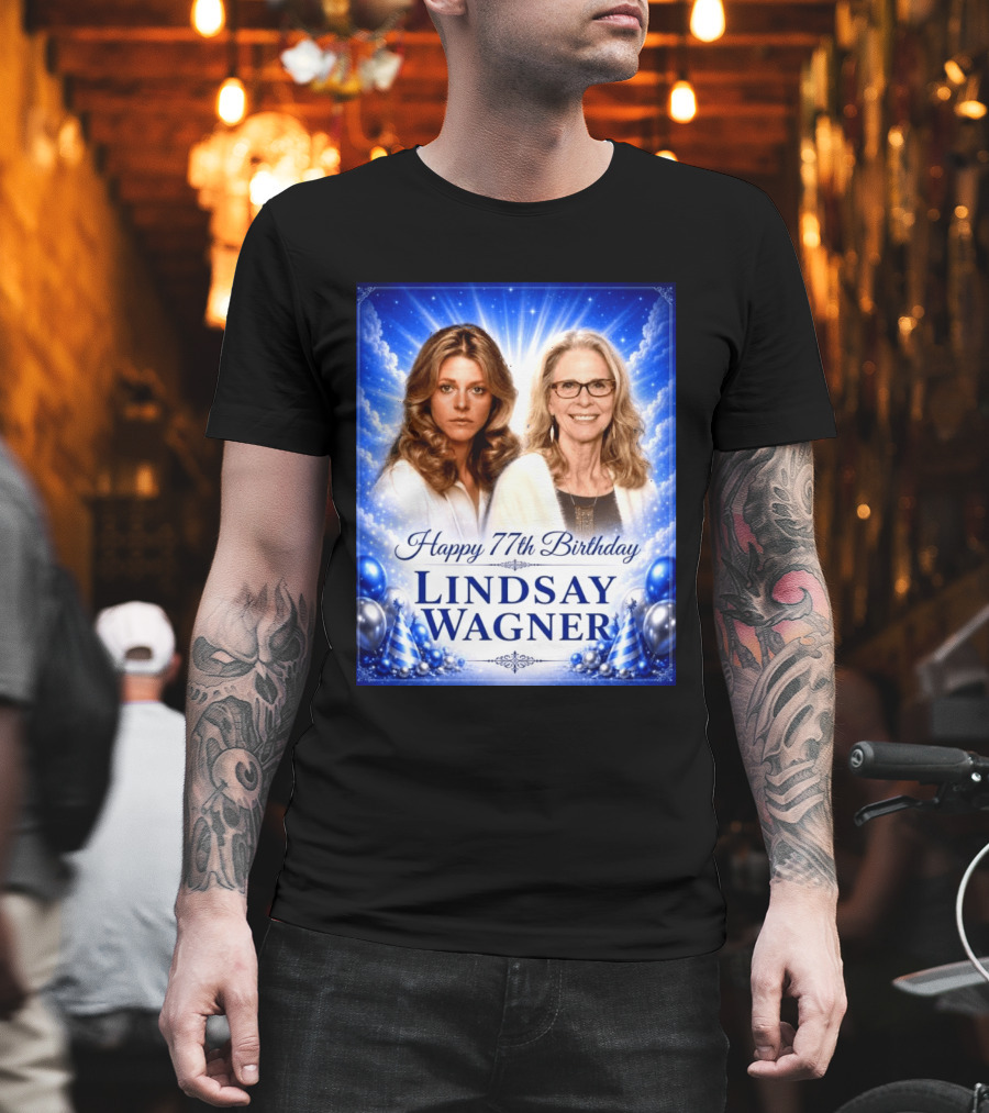 Happy 77th Birthday Celebration Lindsay Wagner Blue Party Balloons T-Shirt