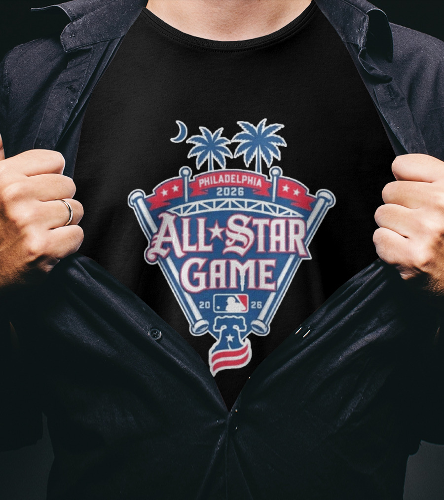 MLB All Star Game Philadelphia 2026 Palm Trees Baseball Bat Logo Night Skyline T-Shirt
