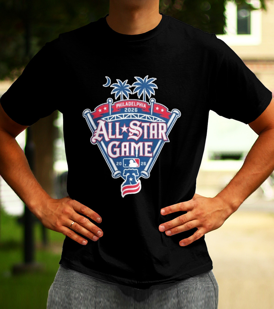 MLB All Star Game Philadelphia 2026 Palm Trees Baseball Bat Logo Night Skyline T-Shirt