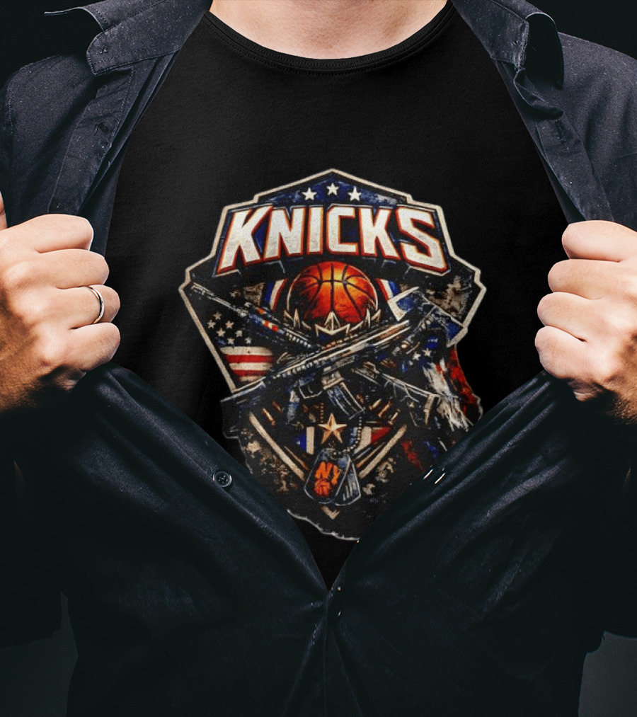 Knicks Basketball NBA Military Rifle Axe USA Flag Dog Tags T-Shirt