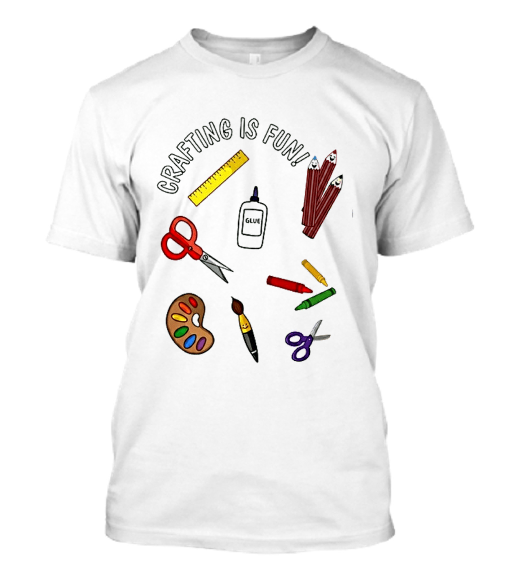 Crafting Is Fun Supplies Scissors Glue Paintbrush Crayons Palette Ruler T-Shirt