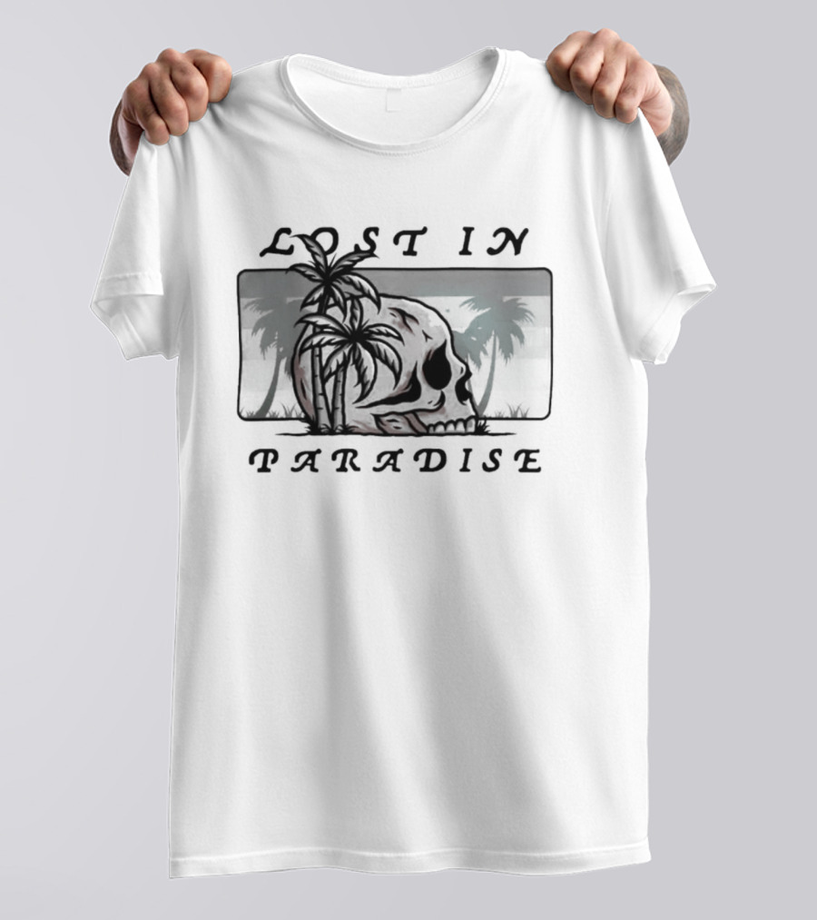 Lost In Paradise Palm Tree Skull And Beach Scene T-Shirt