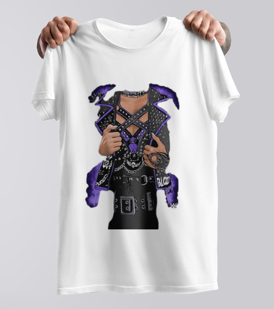 WWE Rhea Ripley Leather Jacket Chains Studs Purple Black Gear T-Shirt