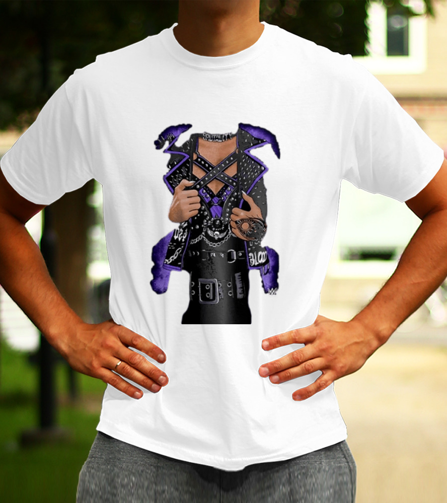 WWE Rhea Ripley Leather Jacket Chains Studs Purple Black Gear T-Shirt