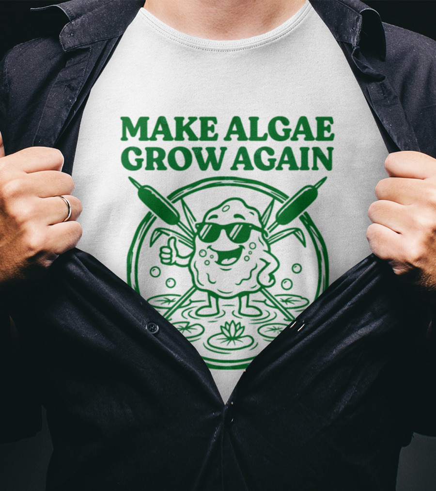 MAKE ALGAE GROW AGAIN Cartoon Thumbs Up With Sunglasses And Cattails Circular Frame T-Shirt