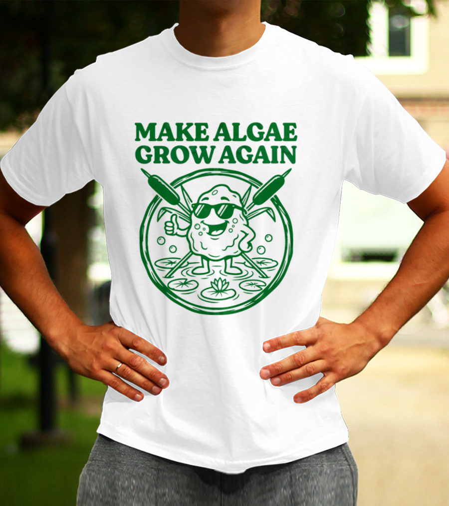 MAKE ALGAE GROW AGAIN Cartoon Thumbs Up With Sunglasses And Cattails Circular Frame T-Shirt