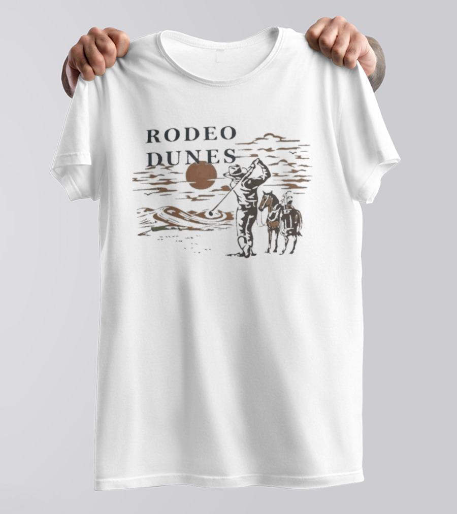 Rodeo Dunes Golf Cowboy With Horse Under Sunset Clouds T-Shirt