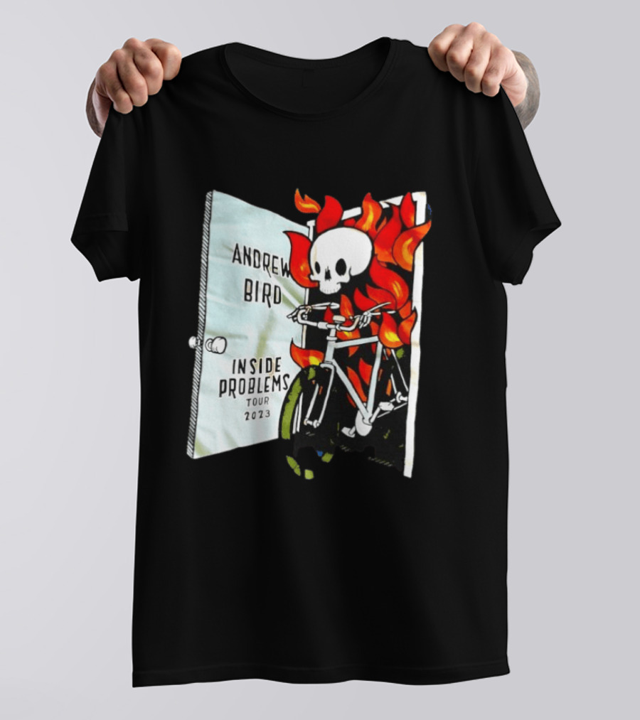 Andrew Bird Inside Problems Tour 2023 Flaming Skeleton On Bicycle T-Shirt