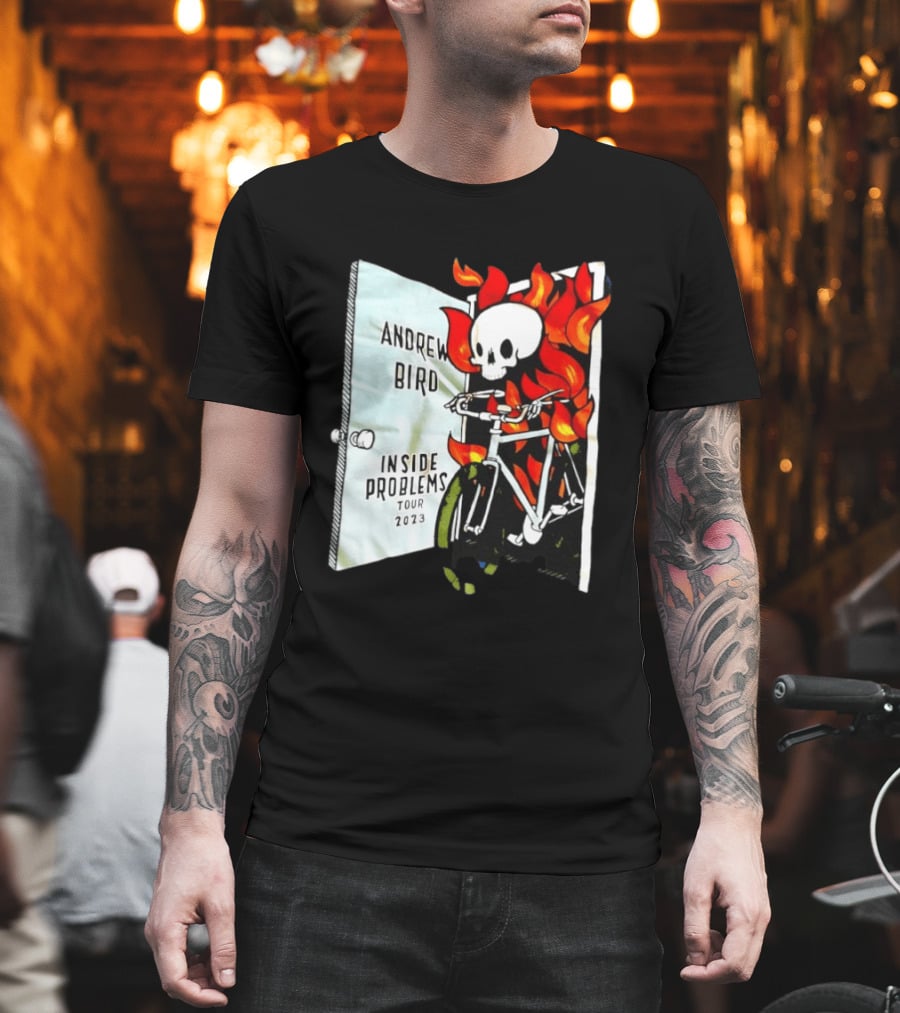 Andrew Bird Inside Problems Tour 2023 Flaming Skeleton On Bicycle T-Shirt