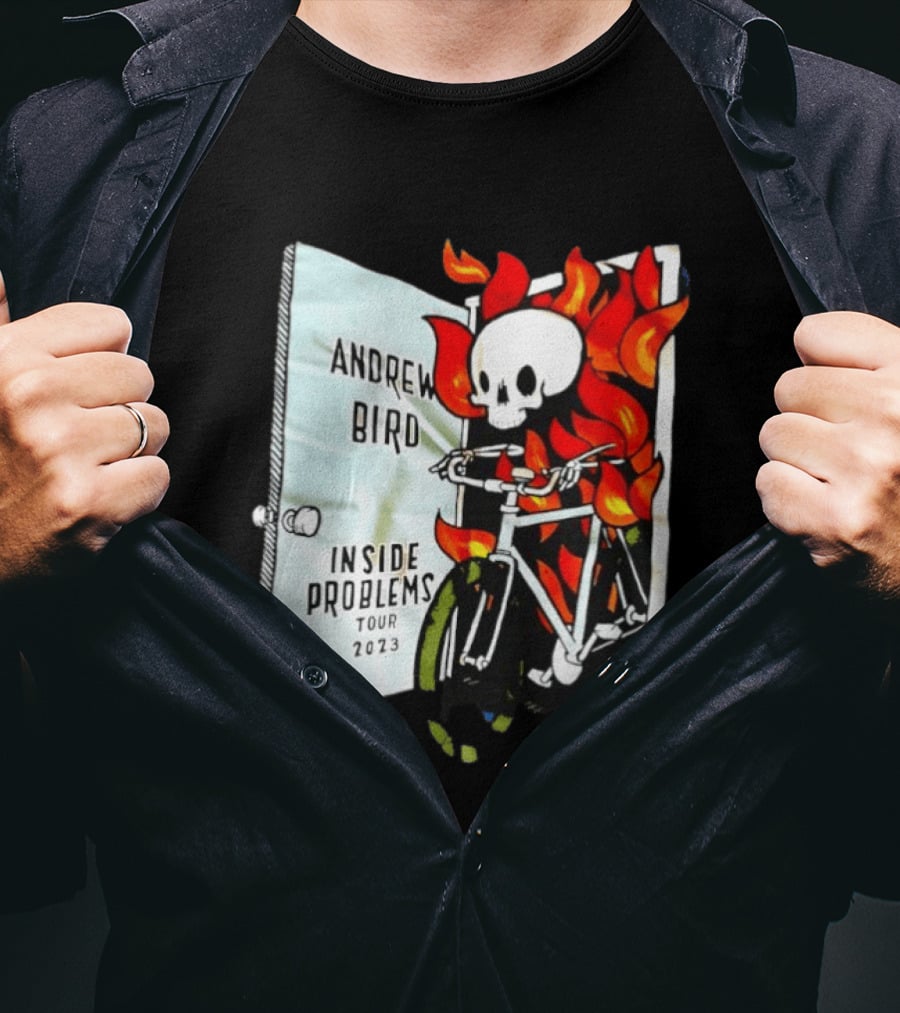 Andrew Bird Inside Problems Tour 2023 Flaming Skeleton On Bicycle T-Shirt