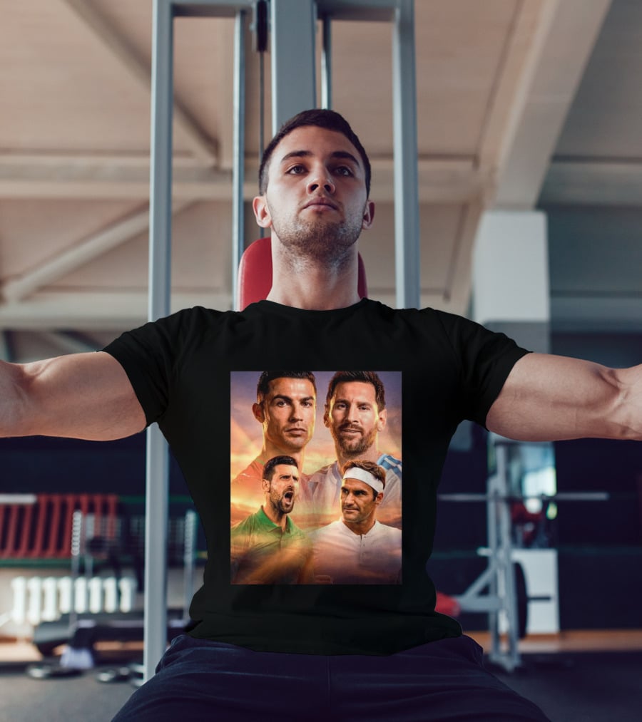 Cristiano Ronaldo Lionel Messi Novak Djokovic Roger Federer GOAT Sports Legends Celebrating Iconic Athletes T-Shirt