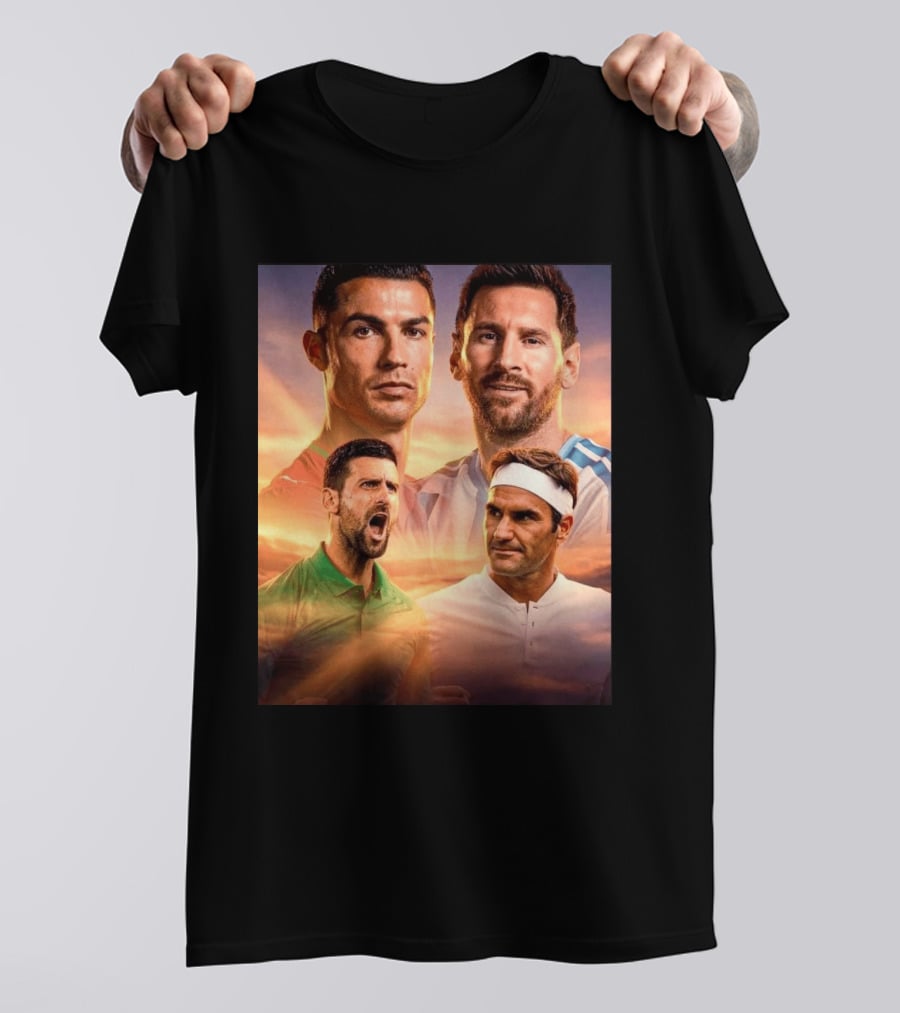 Cristiano Ronaldo Lionel Messi Novak Djokovic Roger Federer GOAT Sports Legends Celebrating Iconic Athletes T-Shirt
