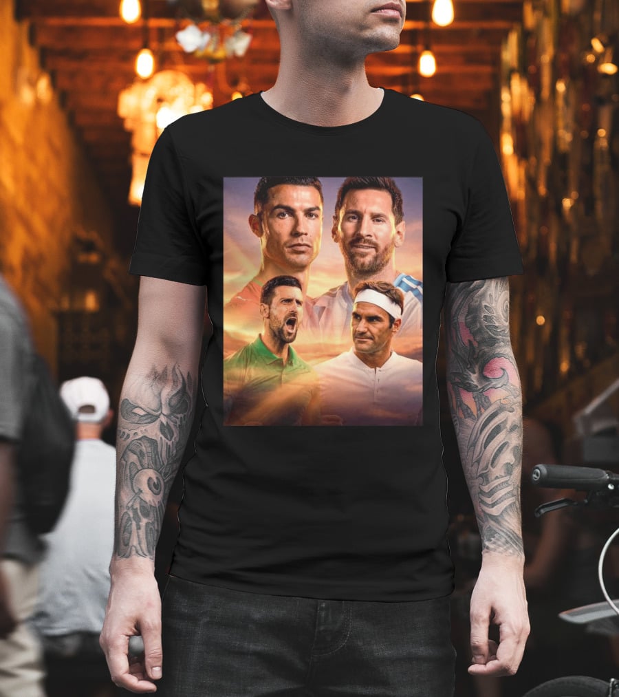 Cristiano Ronaldo Lionel Messi Novak Djokovic Roger Federer GOAT Sports Legends Celebrating Iconic Athletes T-Shirt
