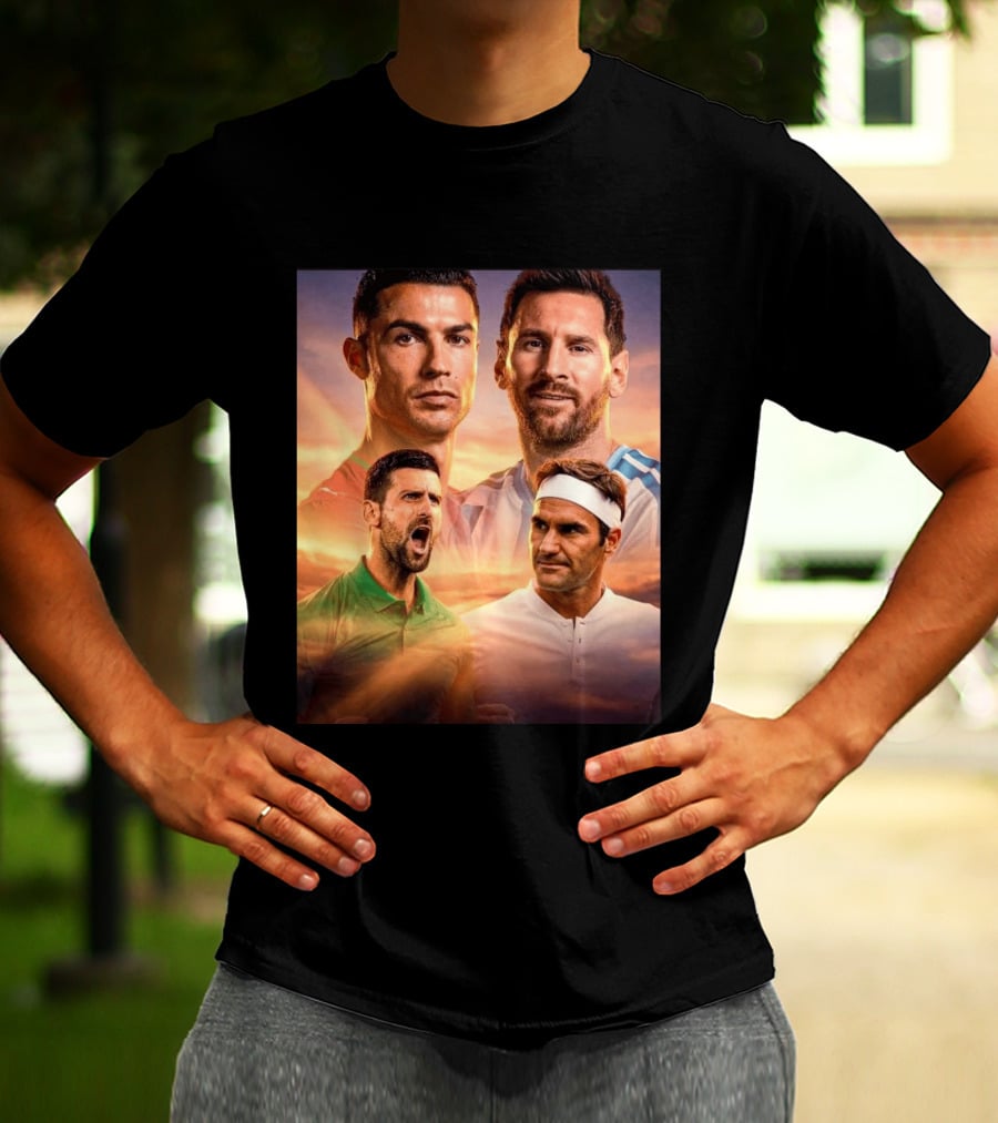 Cristiano Ronaldo Lionel Messi Novak Djokovic Roger Federer GOAT Sports Legends Celebrating Iconic Athletes T-Shirt