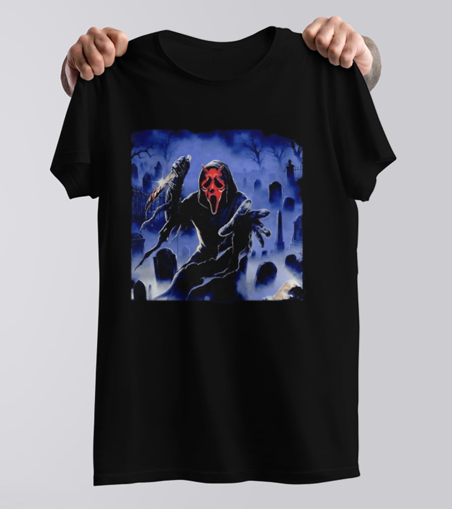 Ghostface Scream Devil Mask With Knife In Cemetery T-Shirt