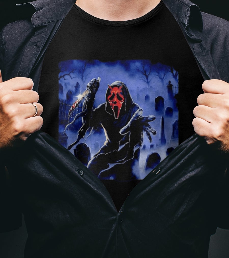 Ghostface Scream Devil Mask With Knife In Cemetery T-Shirt