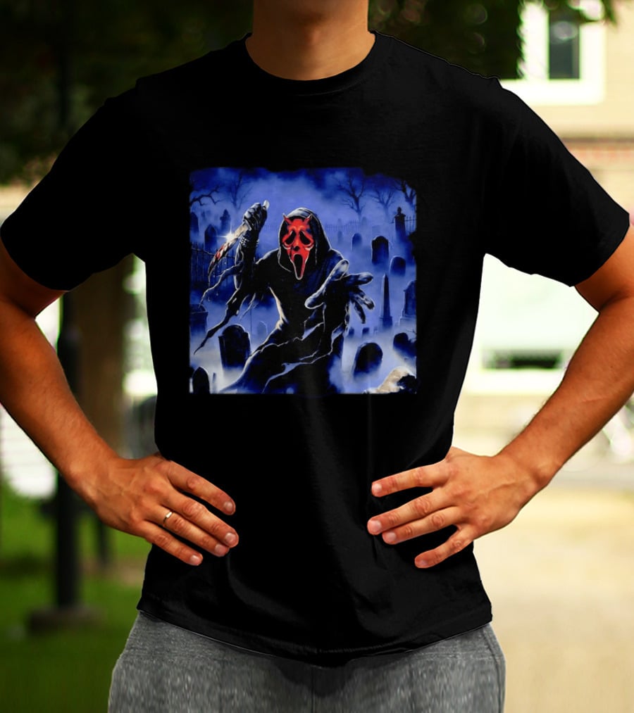 Ghostface Scream Devil Mask With Knife In Cemetery T-Shirt