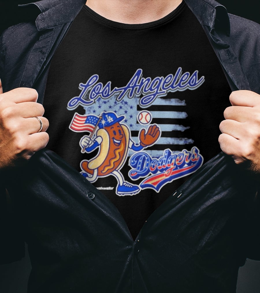 Los Angeles Dodgers Hot Dog Baseball American Flag Stars T-Shirt