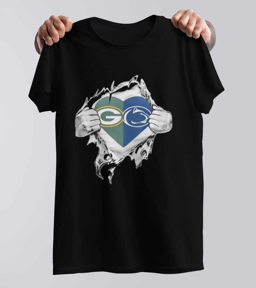 Packers Penn State Heart Icon Featuring Green Bay And Nittany Lions Logos T-Shirt