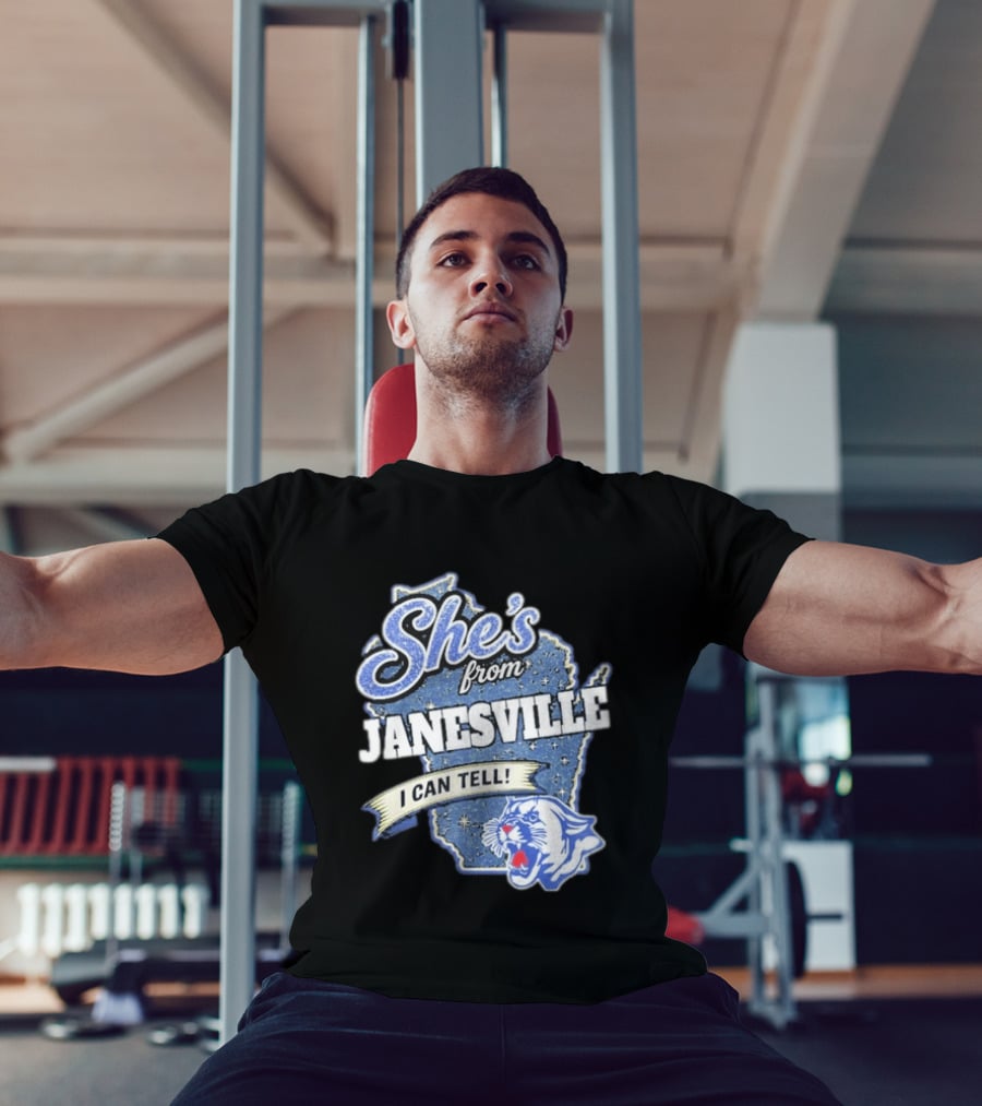 She's From Janesville I Can Tell With Wisconsin Map And Wildcat T-Shirt
