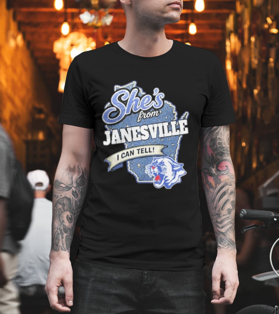She's From Janesville I Can Tell With Wisconsin Map And Wildcat T-Shirt