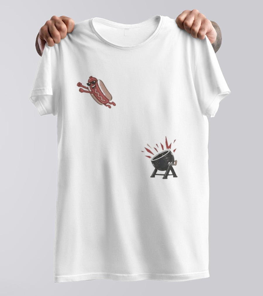 Hot Dog Jumping Into Grill Cartoon T-Shirt