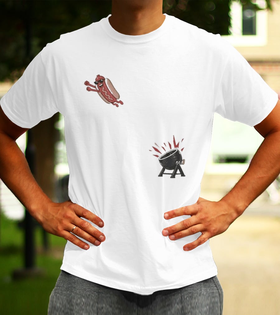 Hot Dog Jumping Into Grill Cartoon T-Shirt
