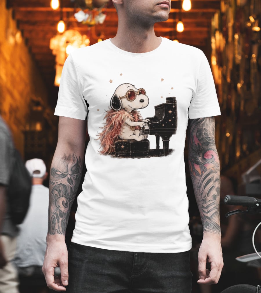 Snoopy Elton John Playing Piano Under Starry Nights T-Shirt