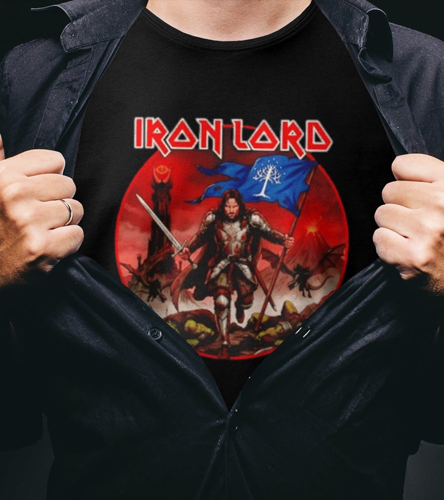 Lord Of The Rings Aragorn Iron Lord Middle Earth Battle With Flag And Sword T-Shirt