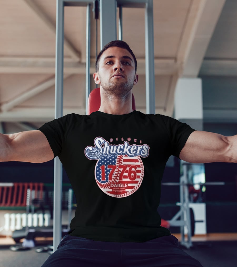 Biloxi Shuckers 1776 American Flag Baseball Daigle Text Stars Stripes T-Shirt