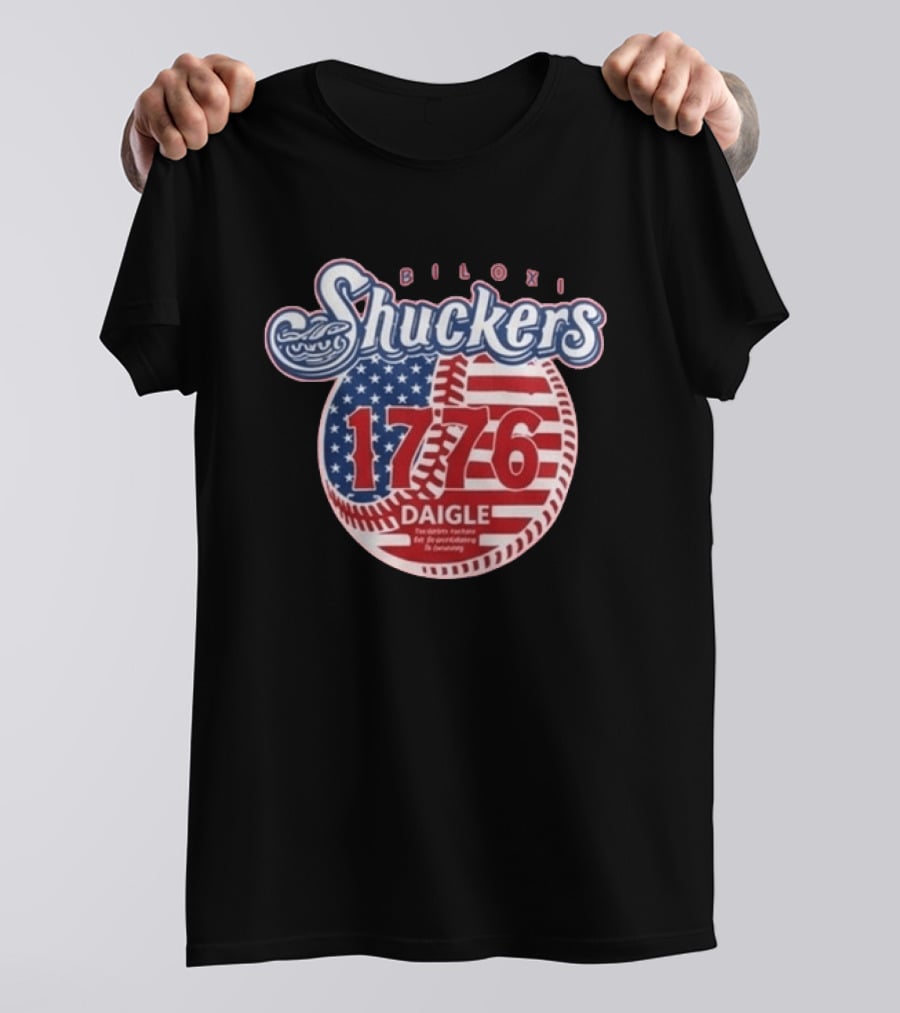 Biloxi Shuckers 1776 American Flag Baseball Daigle Text Stars Stripes T-Shirt