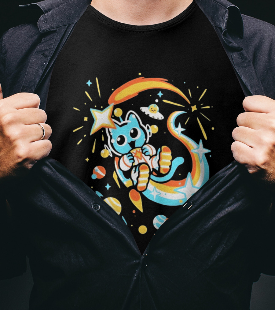 Cosmic Cat Cosmonaut Adventure In Stardust Space With Planets And Shooting Stars T-Shirt