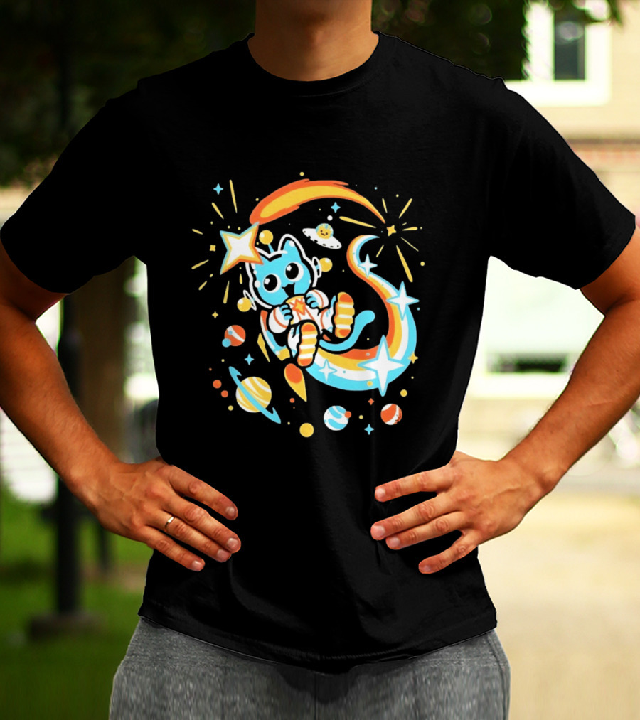 Cosmic Cat Cosmonaut Adventure In Stardust Space With Planets And Shooting Stars T-Shirt