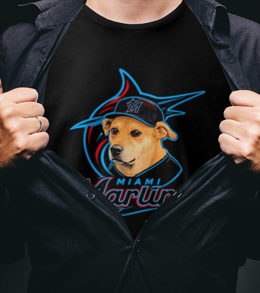 Miami Marlins Dog With Baseball Cap Team T-Shirt