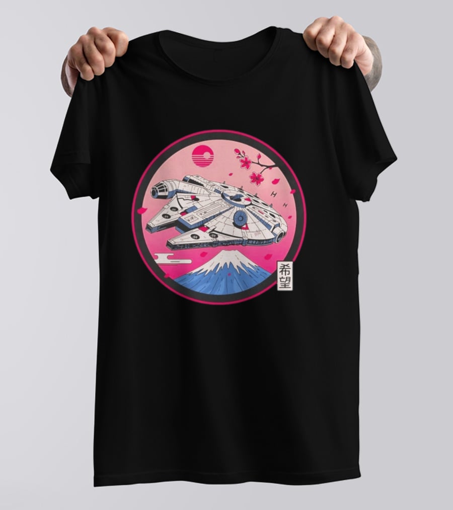 Millennium Falcon Over Fuji Cherry Blossoms Hope Kanji Circle T-Shirt