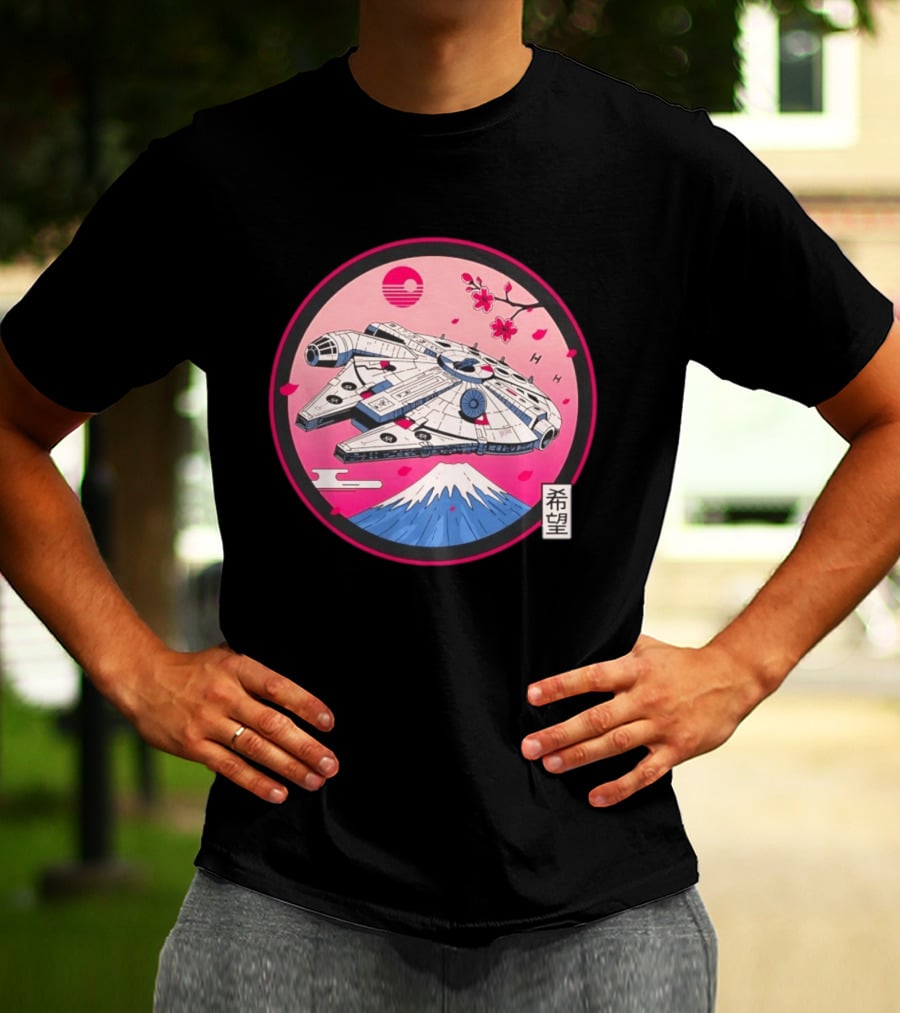 Millennium Falcon Over Fuji Cherry Blossoms Hope Kanji Circle T-Shirt