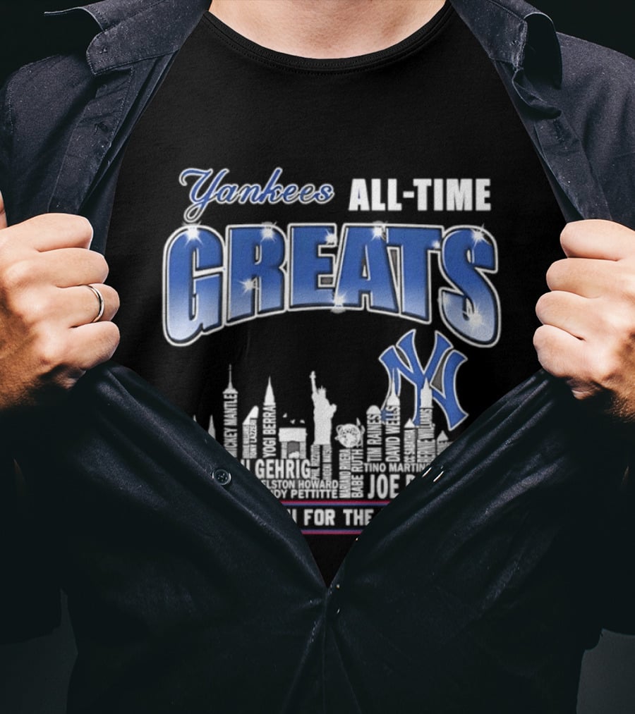 Yankees All Time Greats Lou Gehrig Babe Ruth Joe DiMaggio Derek Jeter MLB Skyline Yankees NY Thank You For The Memories T-Shirt
