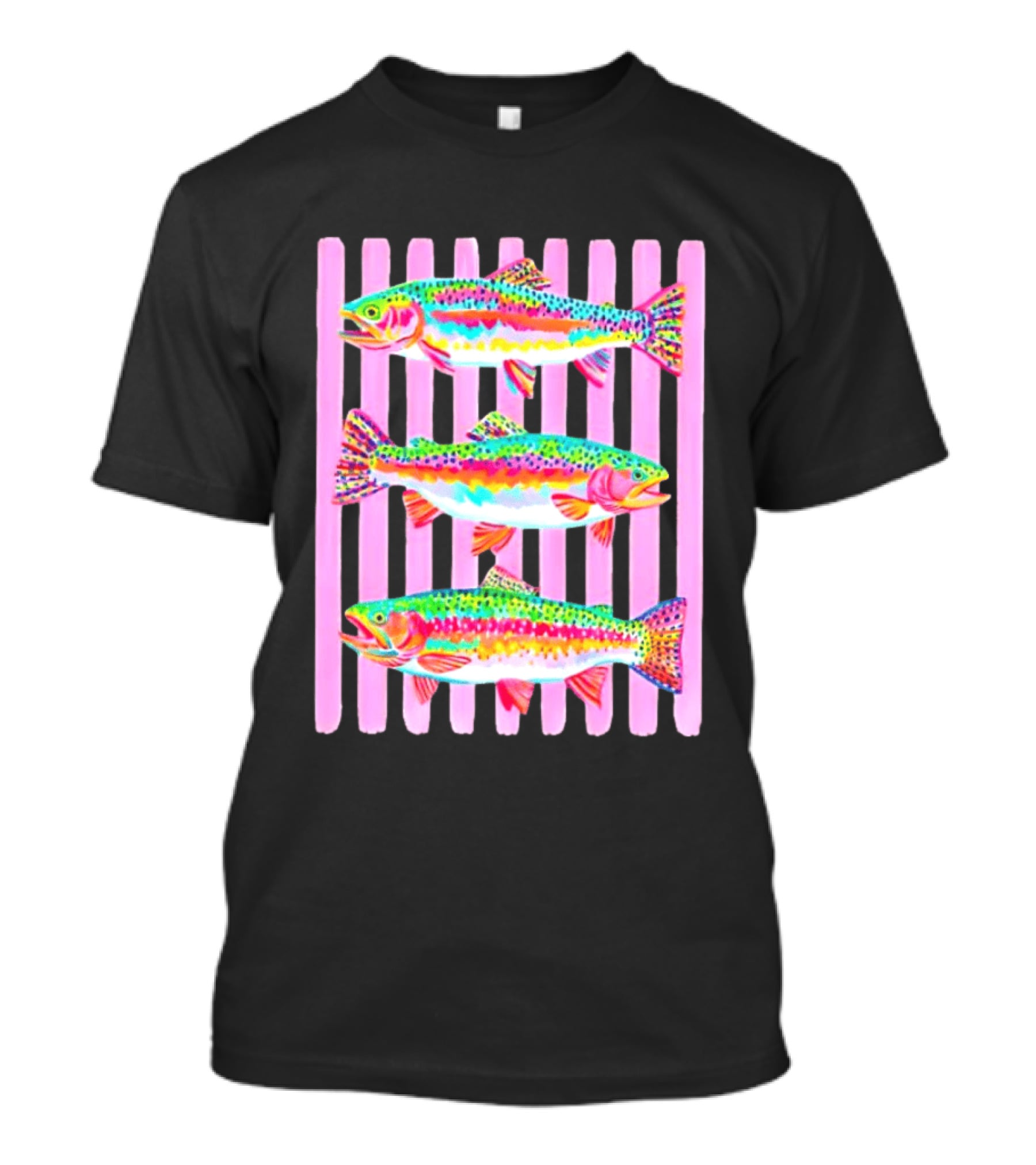 Rainbow Trout Fish Three Swimming Pink Vertical Striped T-Shirt