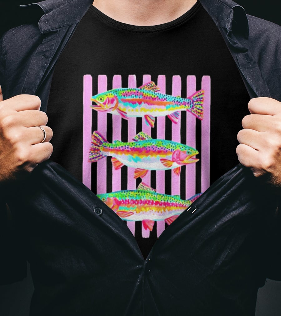 Rainbow Trout Fish Three Swimming Pink Vertical Striped T-Shirt