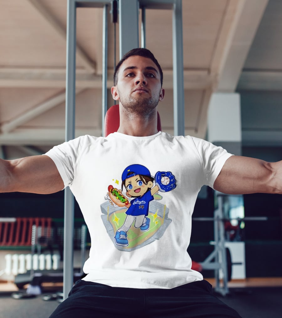 Enrique Hernandez Los Angeles Dodgers 14 Cartoon Style Baseball Glove And Hot Dog T-Shirt